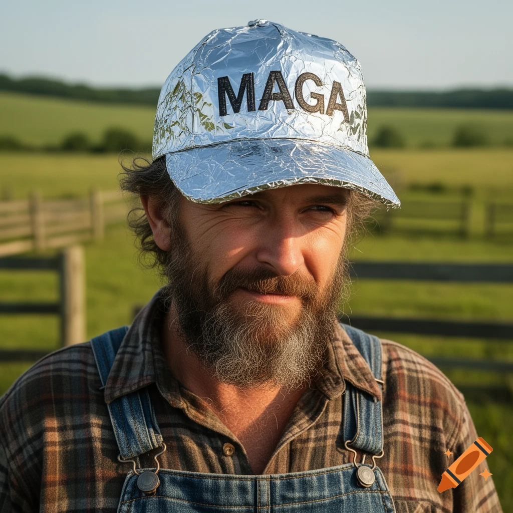Close-up of a man with a beard and overalls wearing a silver tinfoil baseball cap with 'MAGA' written on it, outdoors in a rural setting.