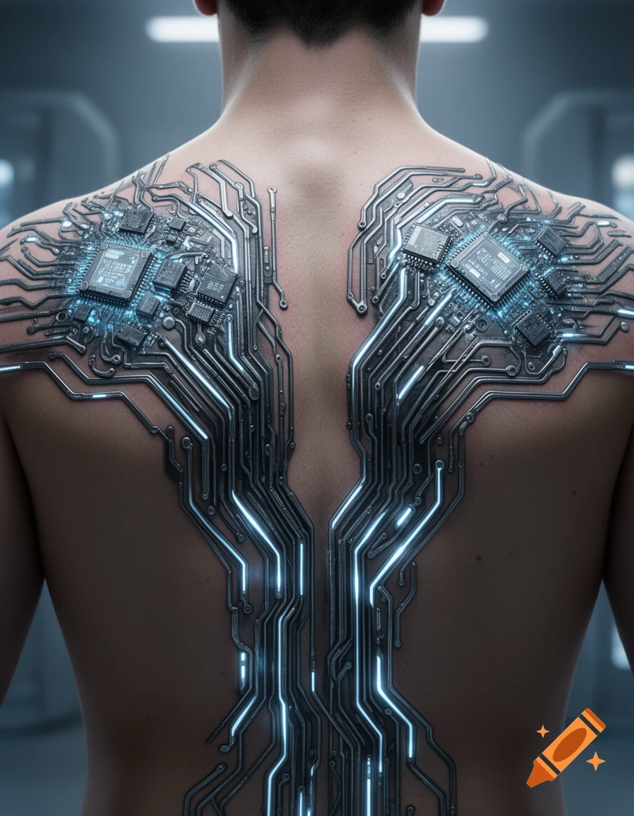 A person's bare back features a detailed futuristic tattoo of wires and glowing blue circuitry, with microchips on the shoulder blades.