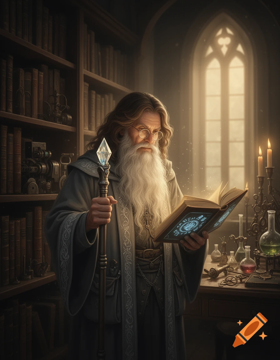 An old wizard with a long white beard and glasses reads a glowing spellbook in a dimly lit library. He holds a staff with a crystal top.