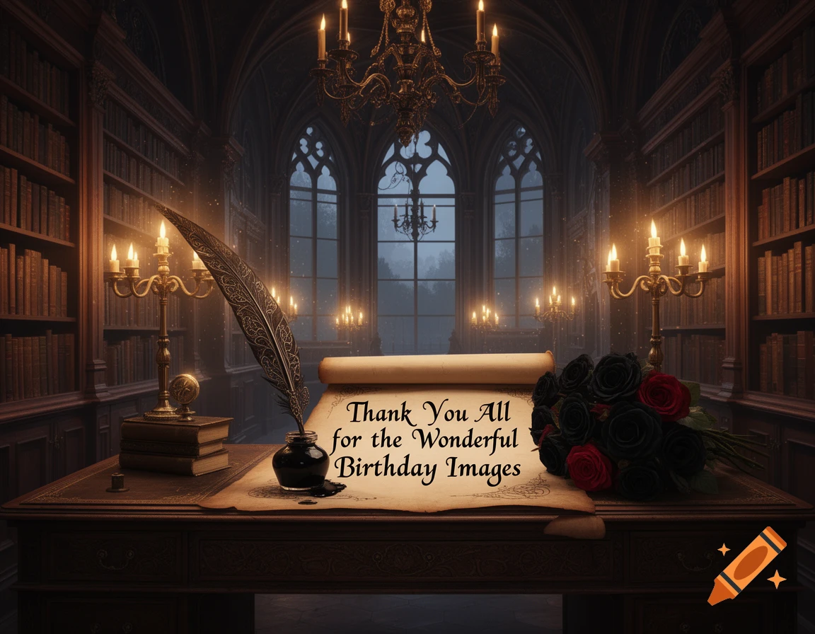 Gothic library desk with a quill, ink, a thank-you scroll, books, candelabras, and black and red roses, lit by candlelight.