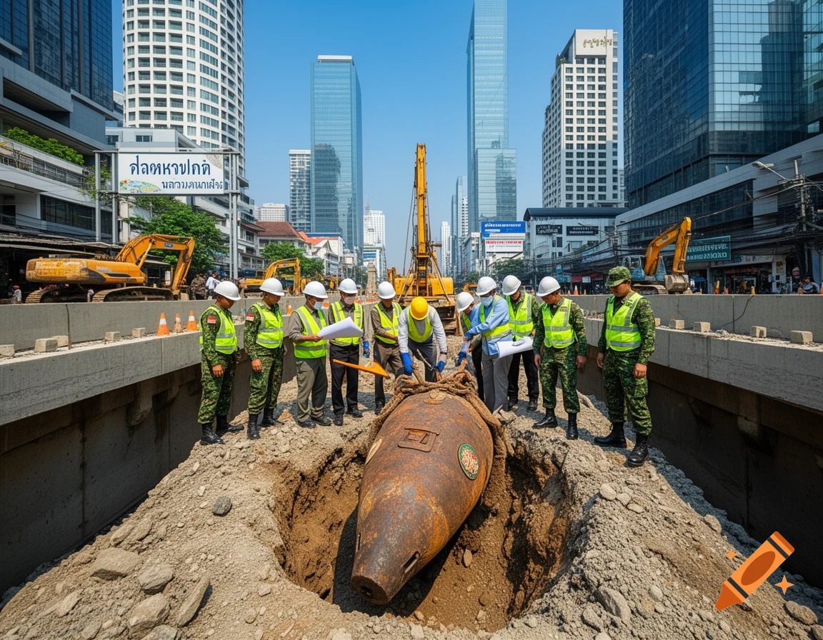 Engineers and military personnel inspect an unearthed old bomb at an urban construction site under a clear blue sky, with modern buildings in the background.