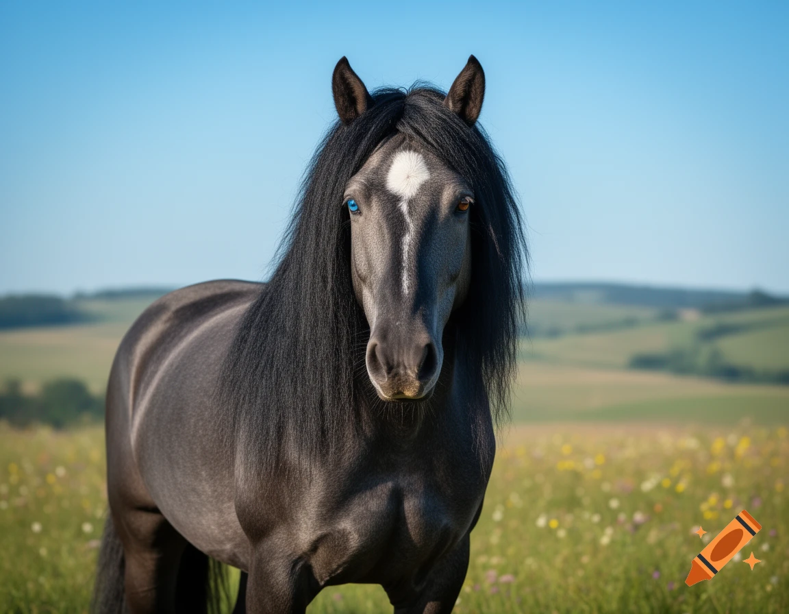 A dark grey horse with a black mane, a white blaze, and heterochromia stands in a sunny green field.