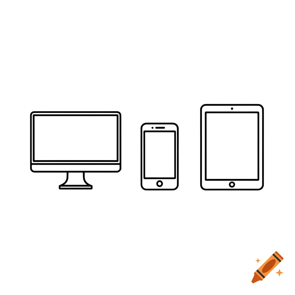 Simple black outline icons of a desktop computer, a smartphone, and a tablet.