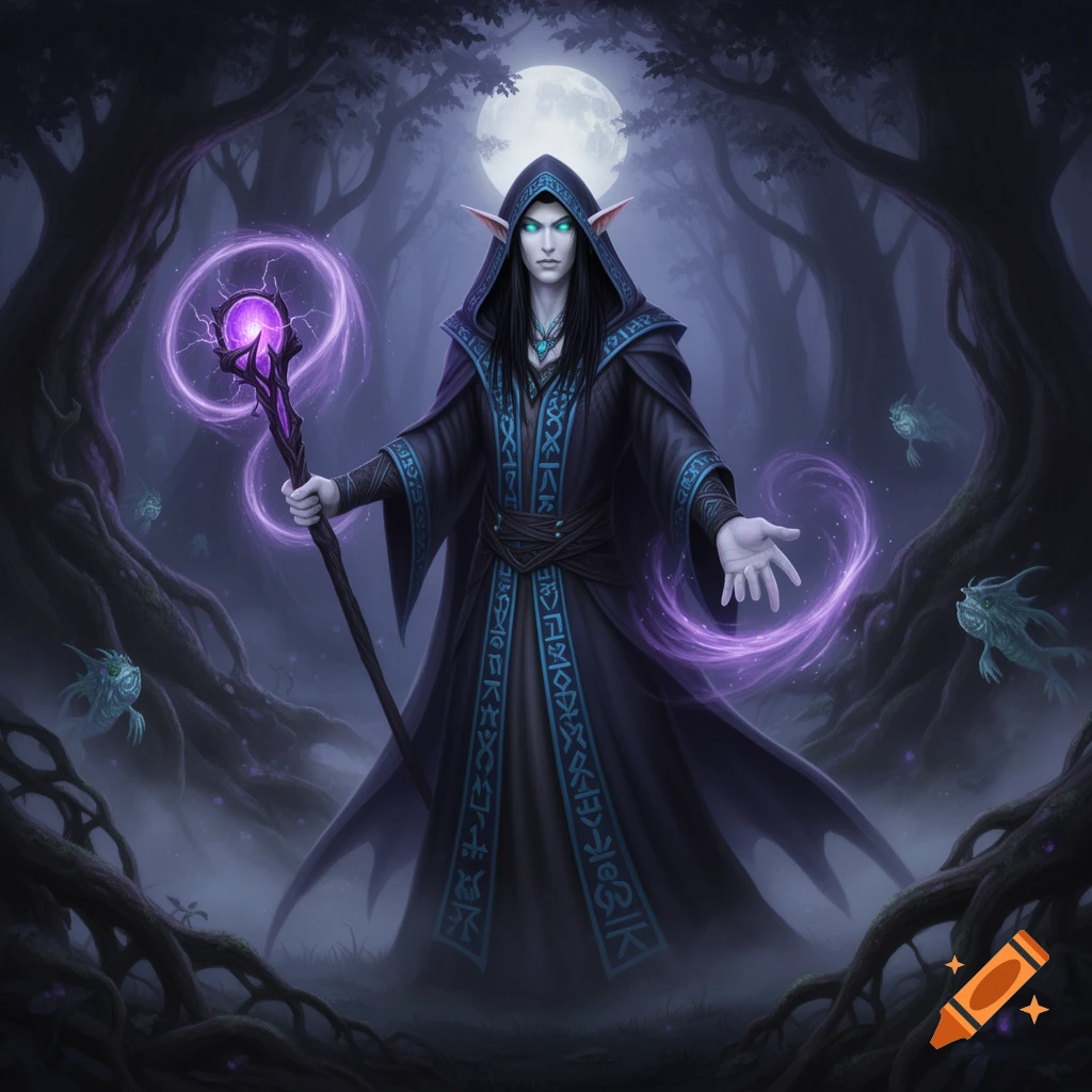 A dark elf warlock with glowing eyes, clad in a black and blue hooded robe, holds a glowing staff and conjures purple magic in a misty, moonlit forest.