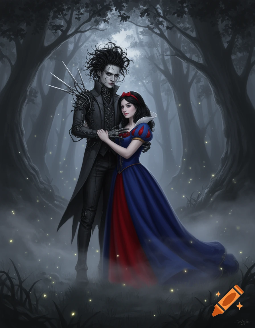Edward Scissorhands embracing Snow White in a dark, misty forest with glowing lights, drawn in a dark fantasy art style.