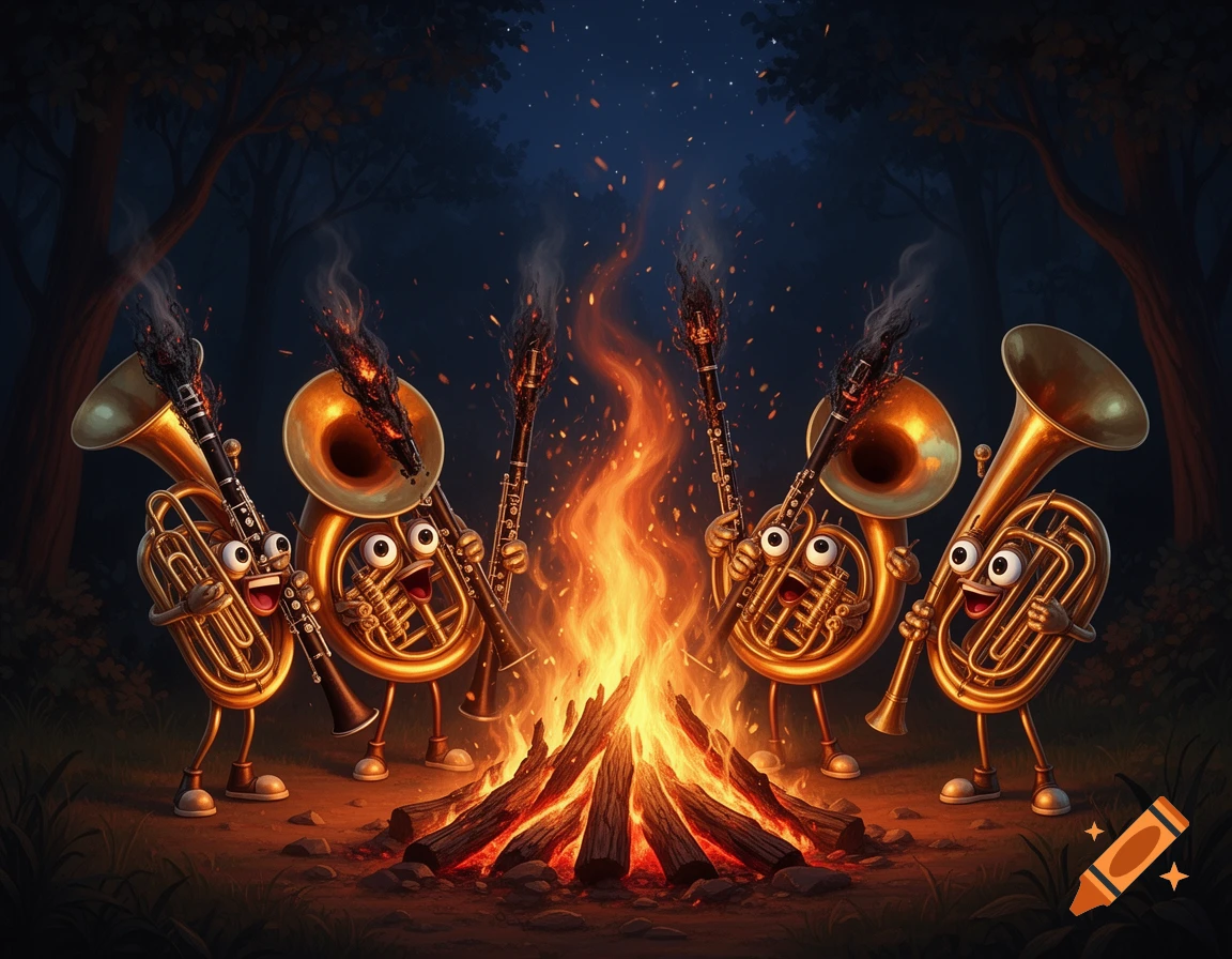 Cartoon personified brass instruments burning clarinets in a large bonfire in a dark forest at night.