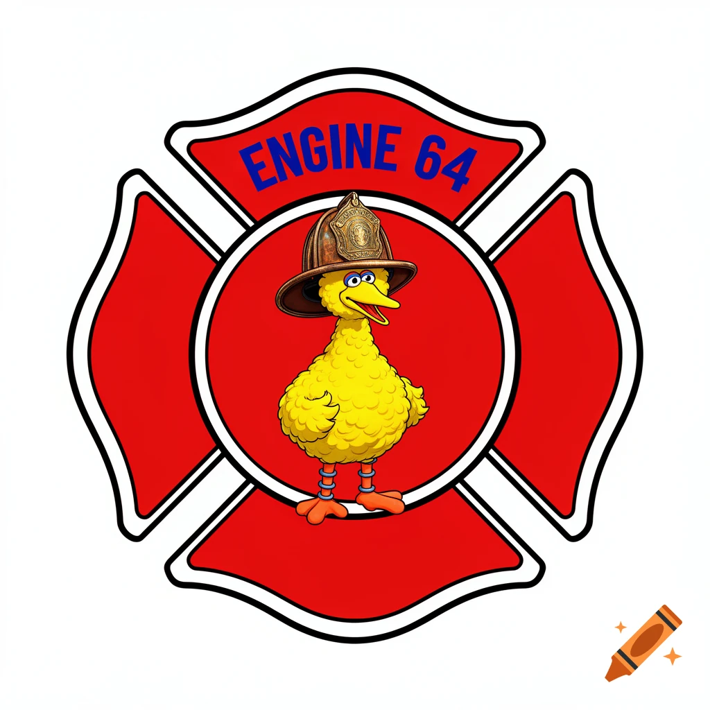 A 2D logo featuring a red firefighter Maltese cross with Big Bird in the center wearing a vintage fire helmet and the text "ENGINE 64" above.
