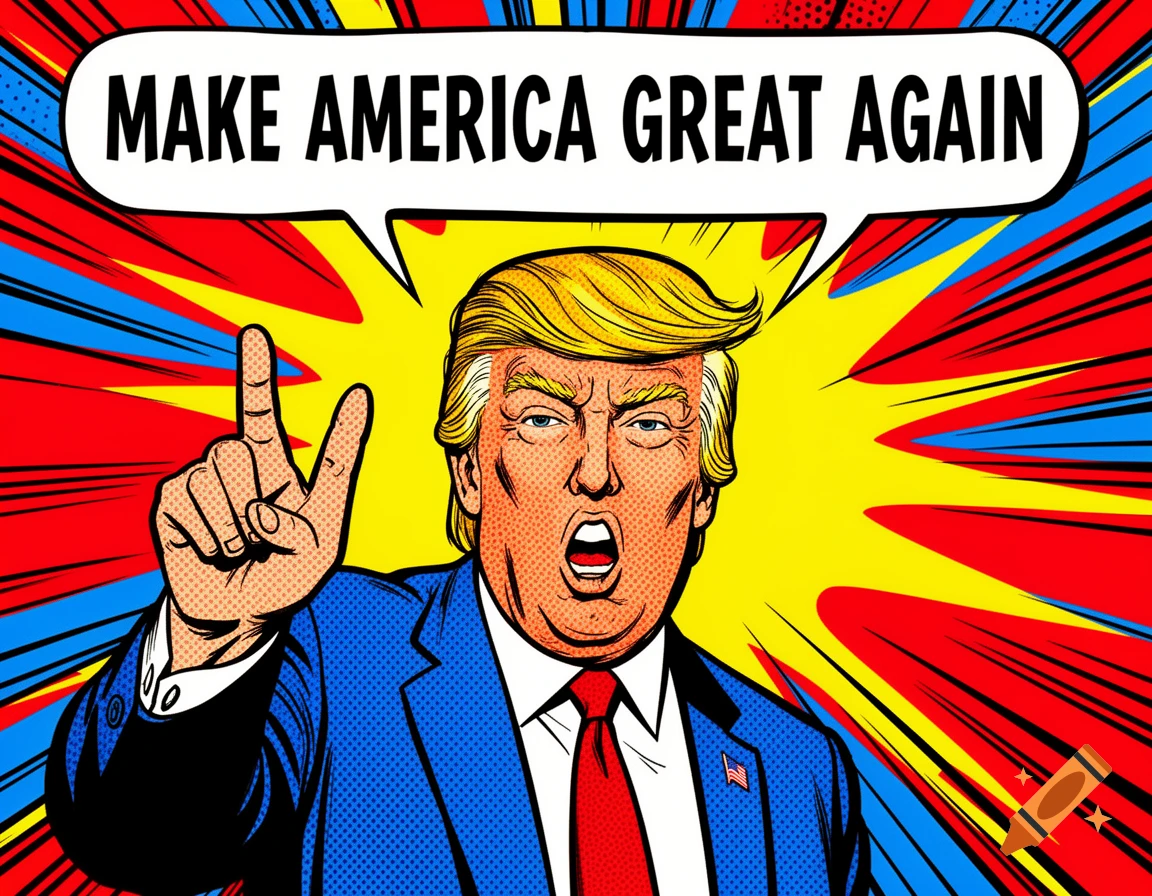 Pop art caricature of Donald Trump in a blue suit, gesturing with his hand, with 'MAKE AMERICA GREAT AGAIN' in a speech bubble.