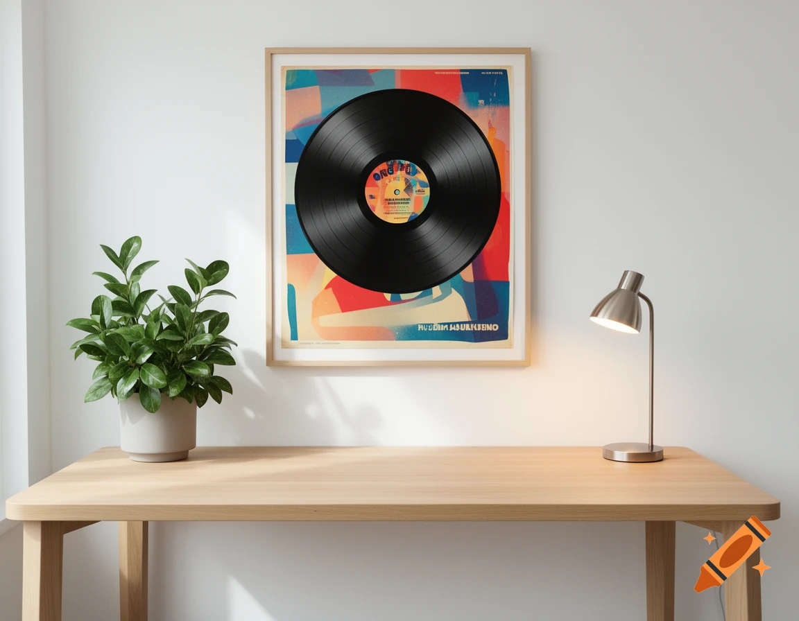 Modern home office desk with a potted plant, a silver desk lamp, and a framed vinyl record art poster on a white wall.