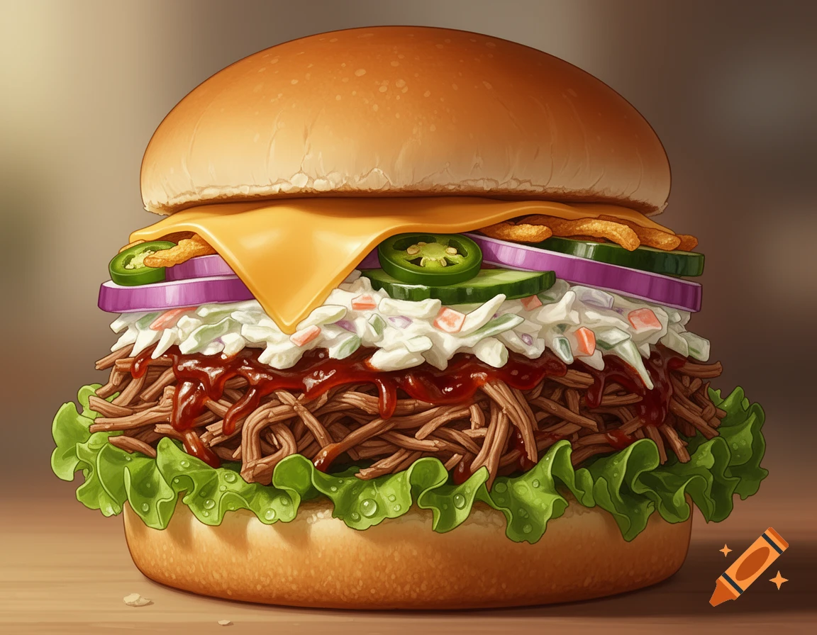 A highly stacked, realistic illustration of a pulled pork burger with coleslaw, BBQ sauce, cheese, and various vegetables.