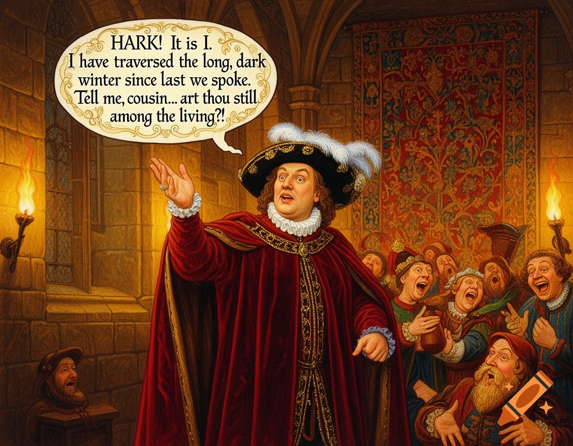 A man in a red medieval robe and feathered hat speaks to a surprised crowd in a grand hall, with a speech bubble. Painting.