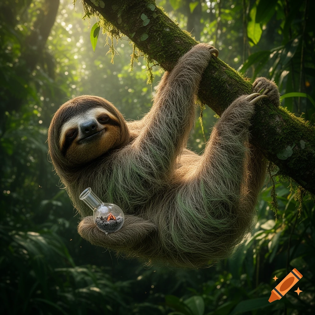 A smiling sloth hangs from a mossy tree branch in a sun-dappled jungle, holding a small glass beaker with glowing embers.