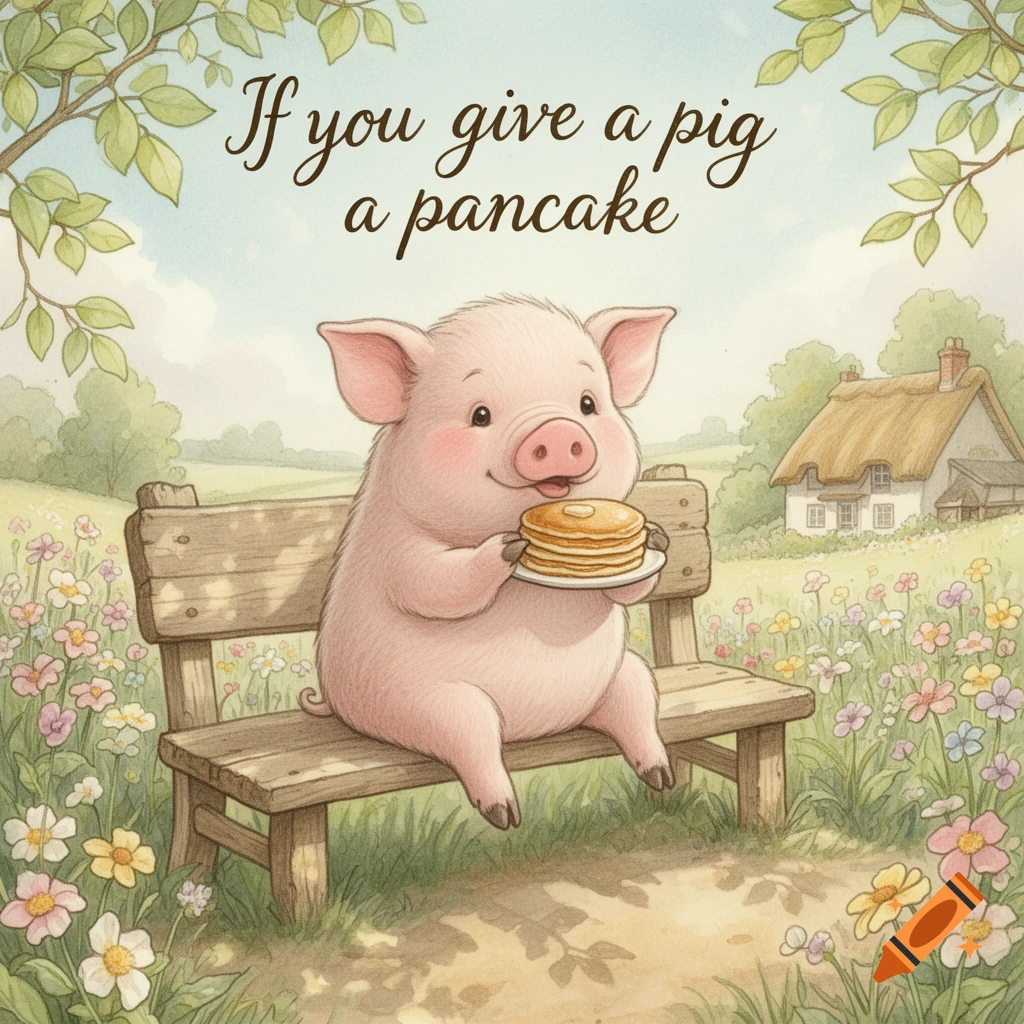 A cute cartoon pig sits on a bench holding a plate of pancakes, with 'If you give a pig a pancake' text, in a whimsical countryside illustration.
