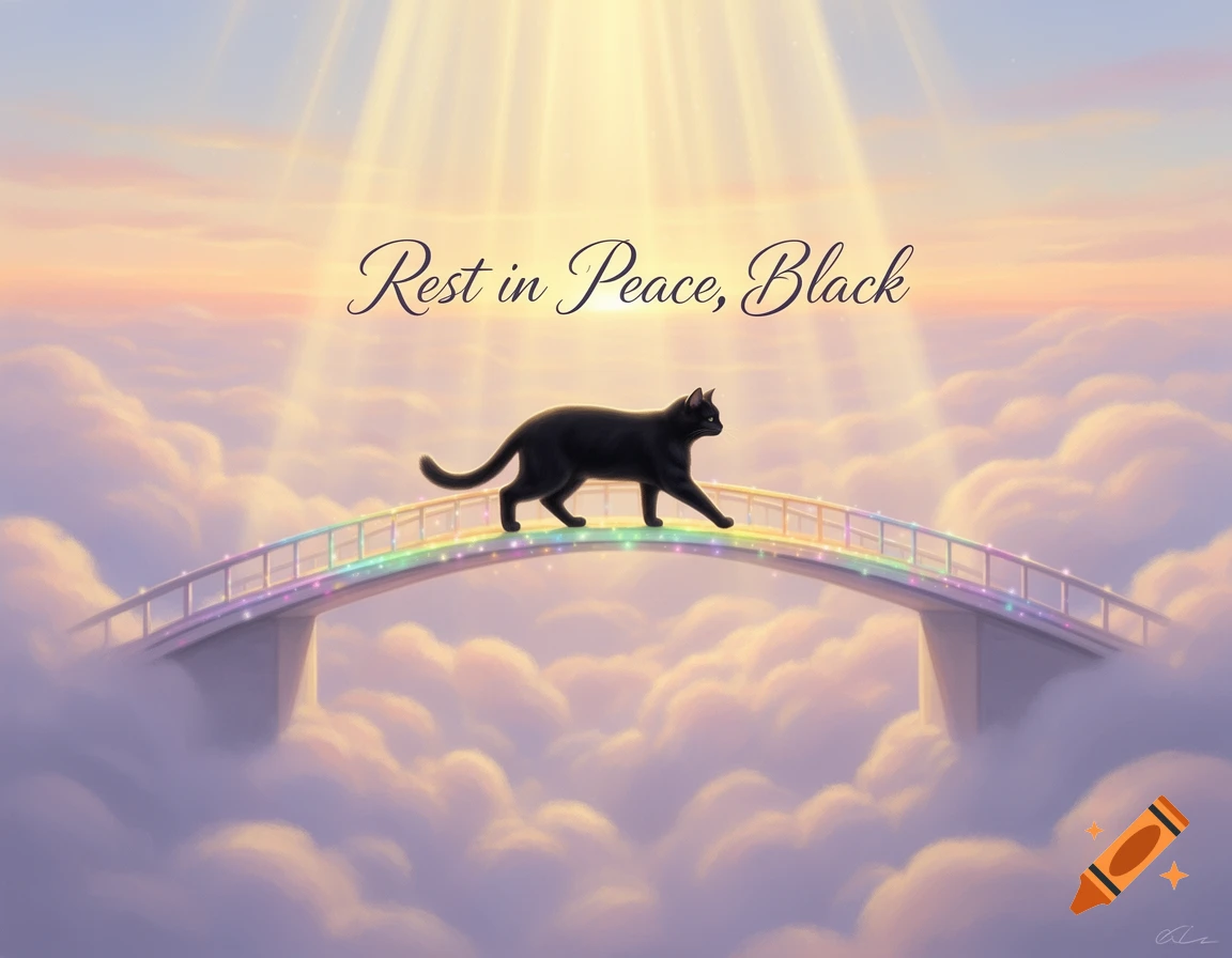 A black cat walks on a glowing rainbow bridge above pastel clouds, with light rays and 'Rest in Peace, Black' text.