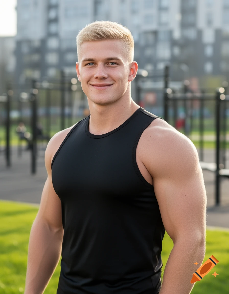Smiling muscular young man with blonde hair in a black tank top at an outdoor gym.