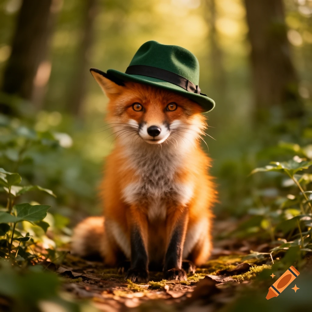 A photorealistic red fox wearing a green hat sits in a sun-dappled forest, looking directly ahead.