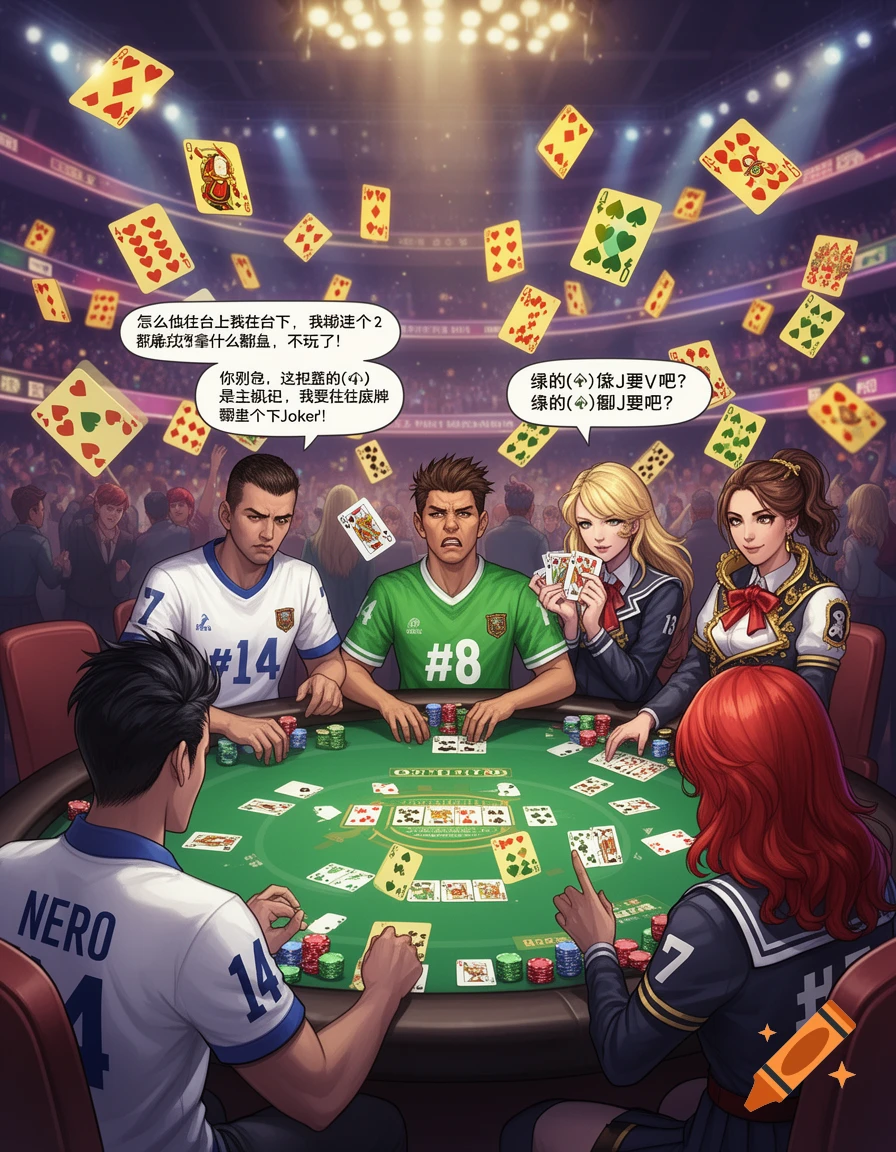An anime-style illustration of four people in a brightly lit arena playing a card game at a green table, with many playing cards floating in the air. Speech bubbles with Chinese text are present above them.