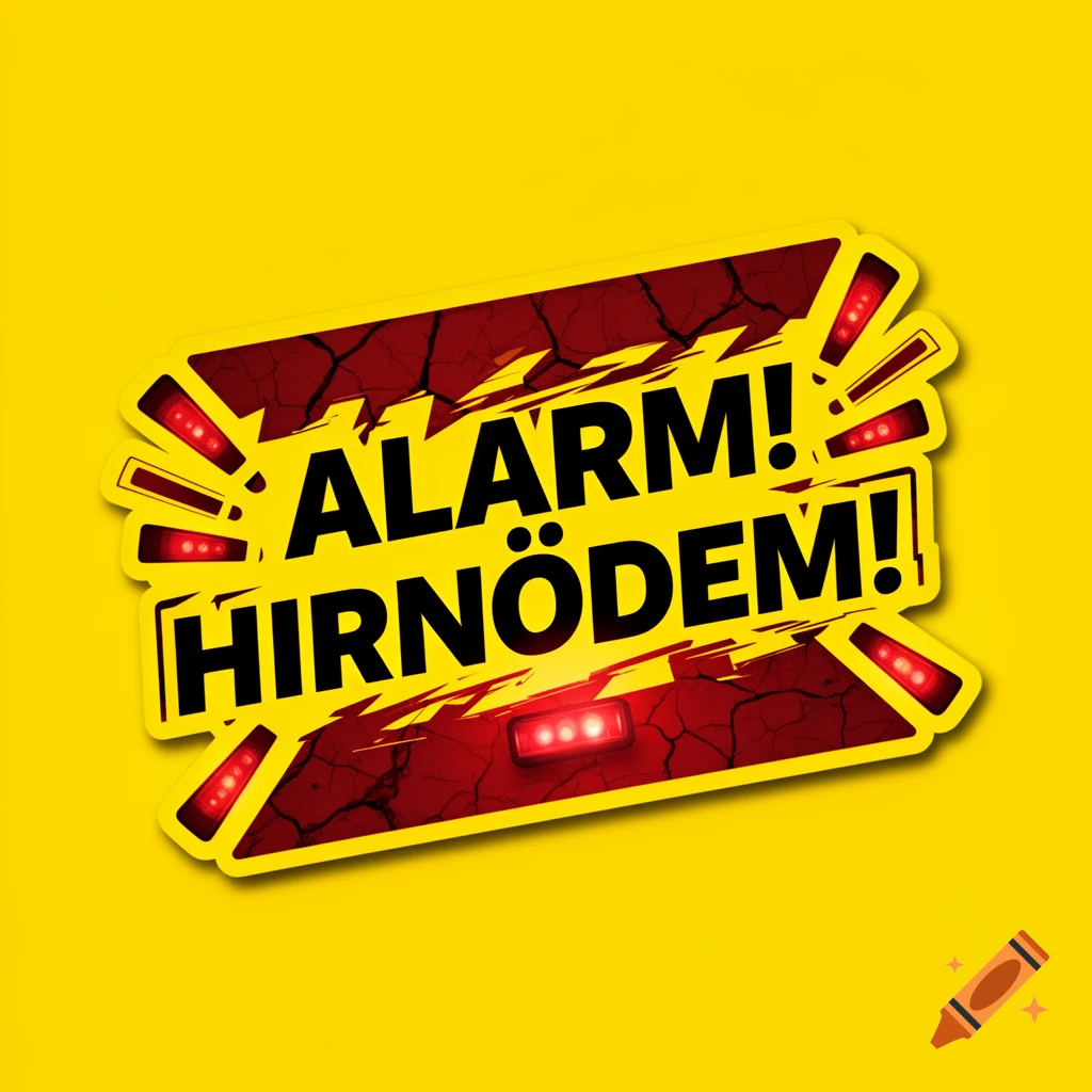 A vibrant yellow warning sticker with bold black text "ALARM! HIRNÖDEM!" on a cracked red background, featuring flashing red lights.