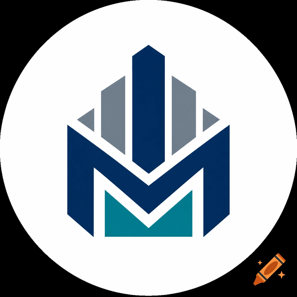 Geometric logo with a stylized blue and teal 'M' and gray building shapes in a white circle.