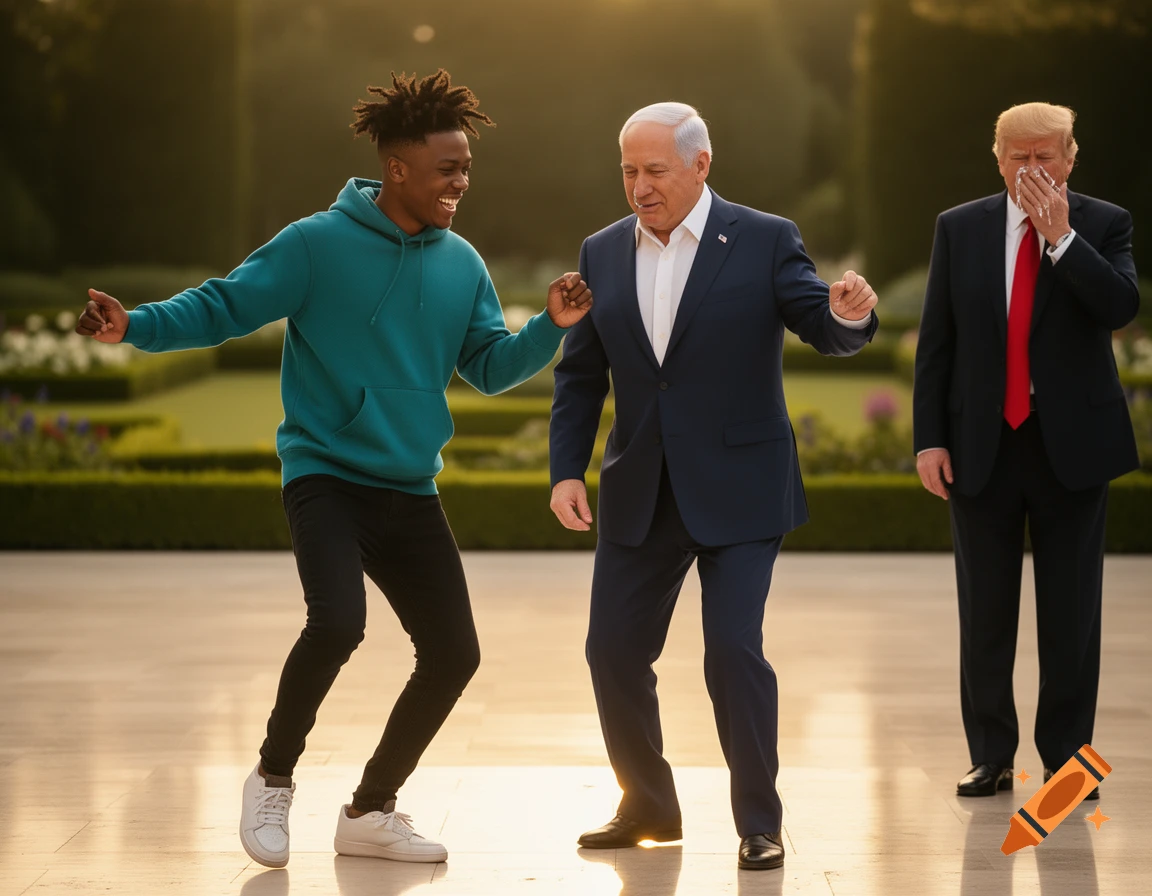Ishowspeed dancing and smiling next to Benjamin Netanyahu, while Donald Trump stands crying with a tissue, in a sunlit garden.