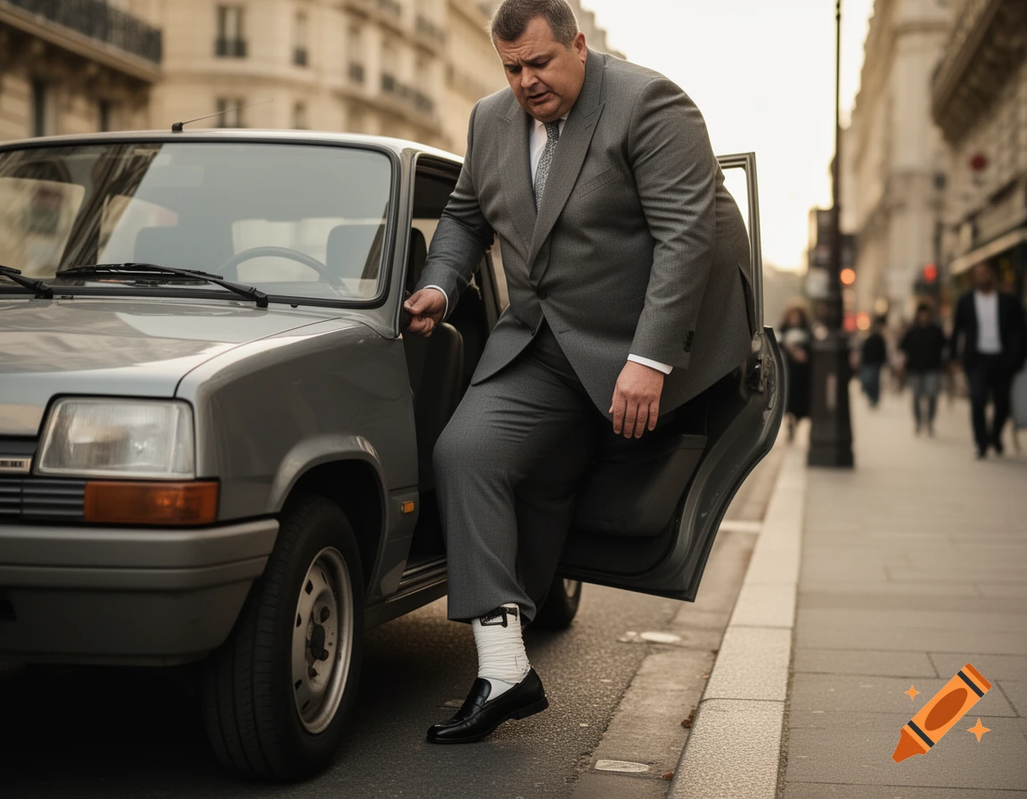 A large man in a gray suit struggles to exit a gray Renault Super 5 car on a city street, his face showing discomfort.