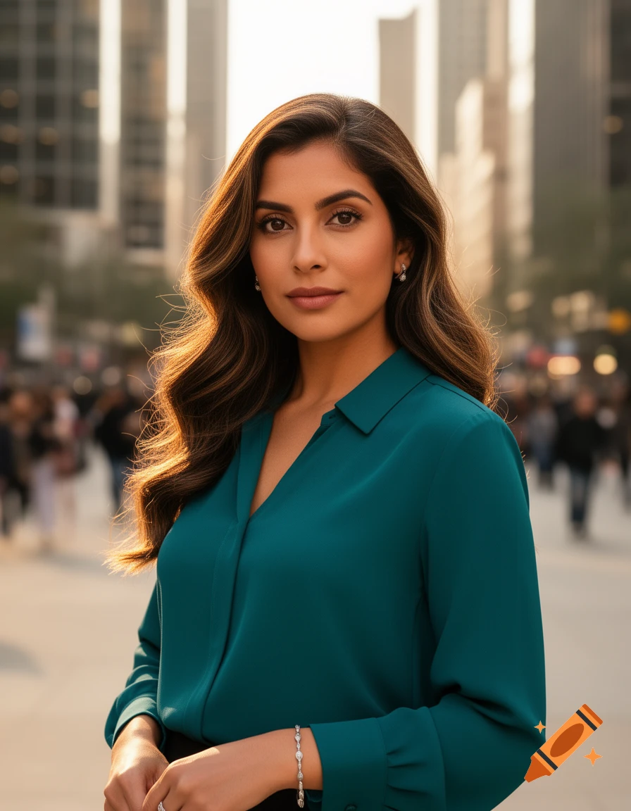 Photorealistic portrait of a woman with long brown hair in a teal blouse, standing in a sunny city street with blurred skyscrapers.