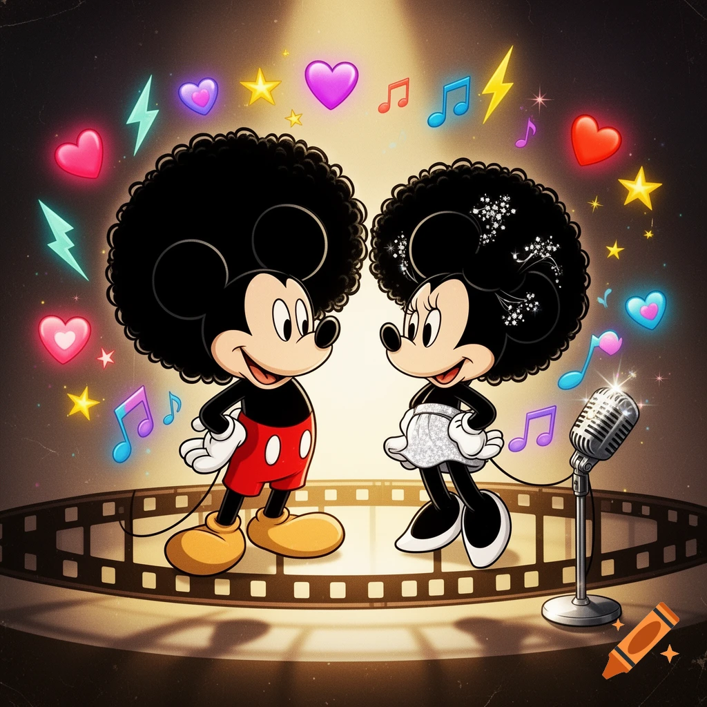 Cartoon Mickey and Minnie Mouse with afro hairstyles on a spotlight stage, surrounded by musical notes, hearts, and stars.
