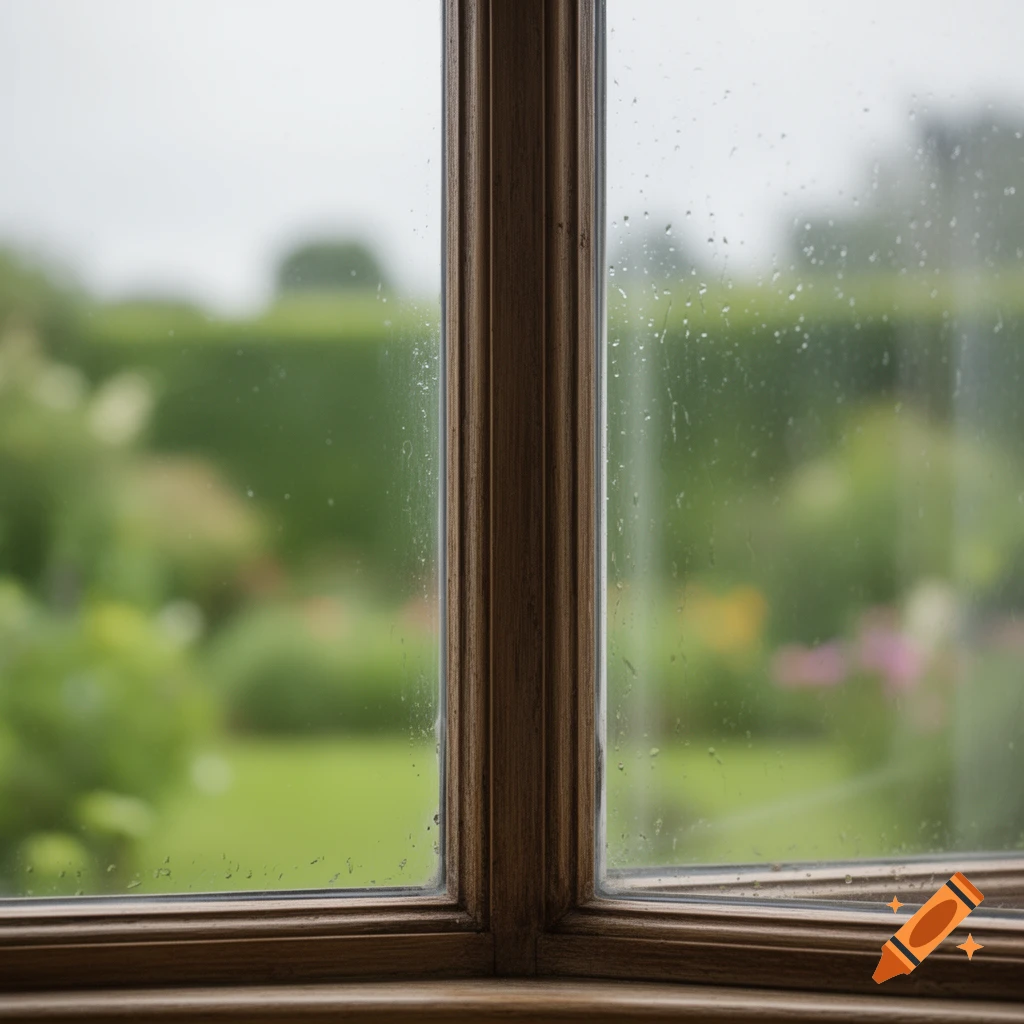 Close-up of a wooden window frame with raindrops on the glass, looking out onto a blurred green garden.