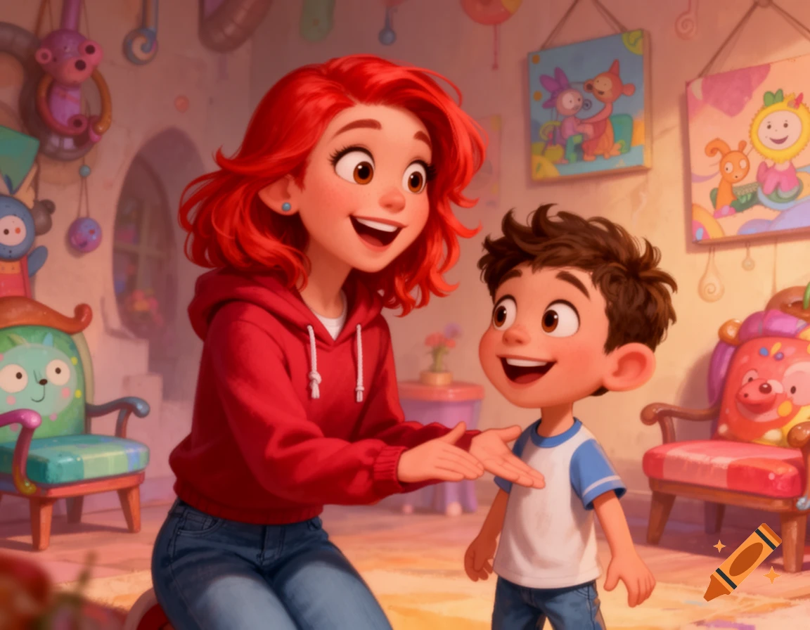 Cartoon illustration of a smiling red-haired woman and a young boy in a colorful, whimsical room.