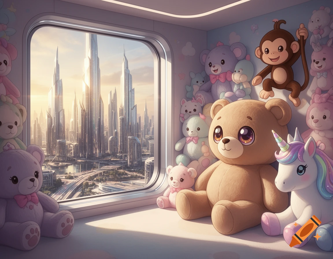 A children's playroom filled with various large, cute stuffed animals, looking out a futuristic window at a bright, sleek city panorama.