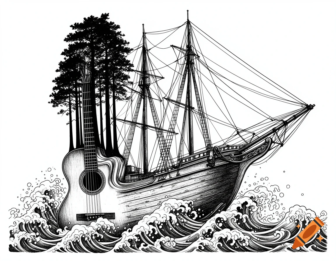 Black and white line art sketch of an acoustic guitar transforming into a sailing ship with trees on its deck, riding stormy waves.
