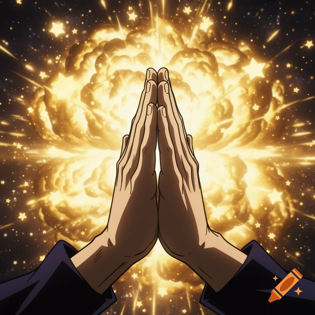 Two hands pressed together in a martial arts hand seal against a golden star-filled explosion, in an anime art style.