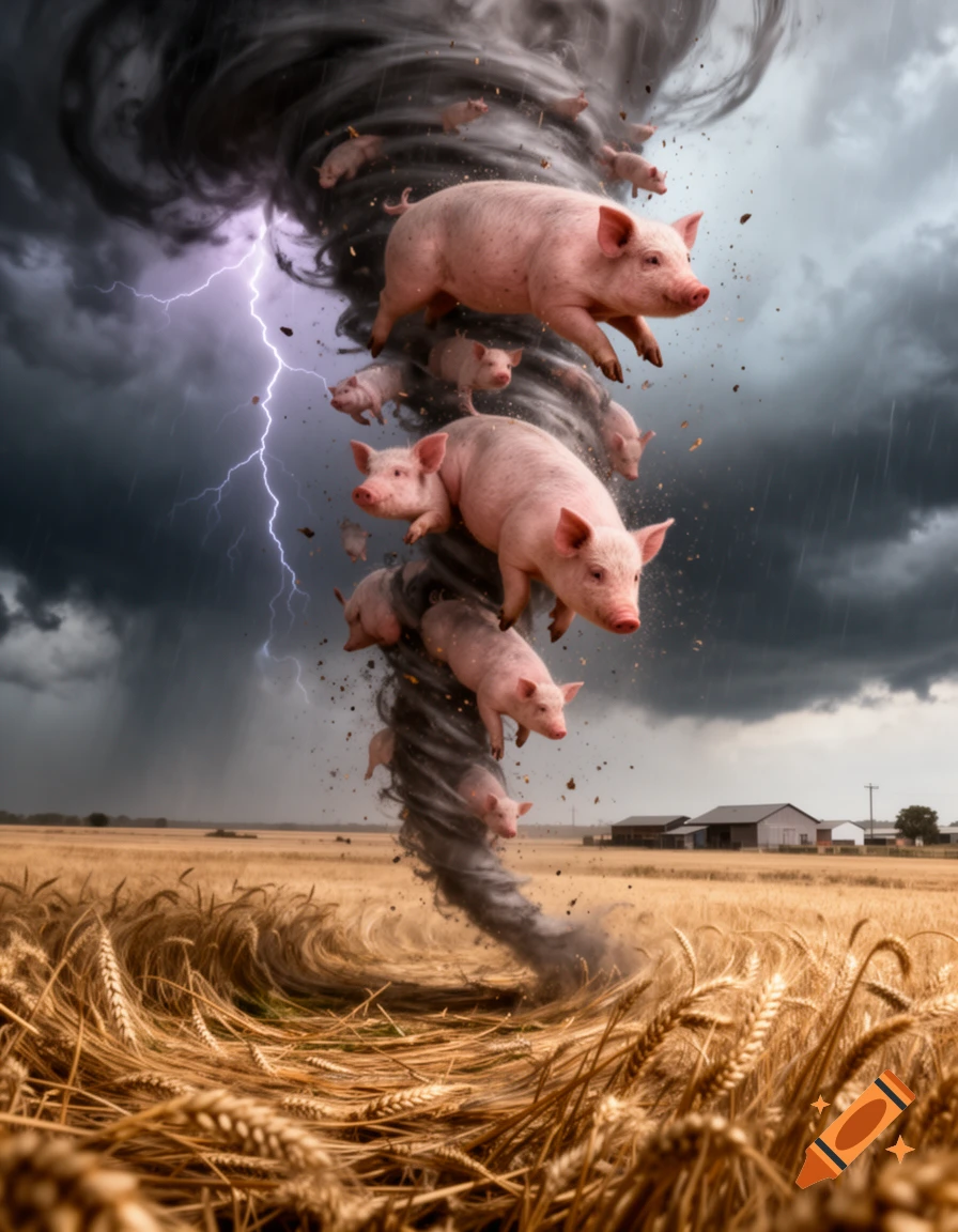 A photorealistic image of a powerful tornado swirling pigs above a golden wheat field under a stormy sky with lightning.