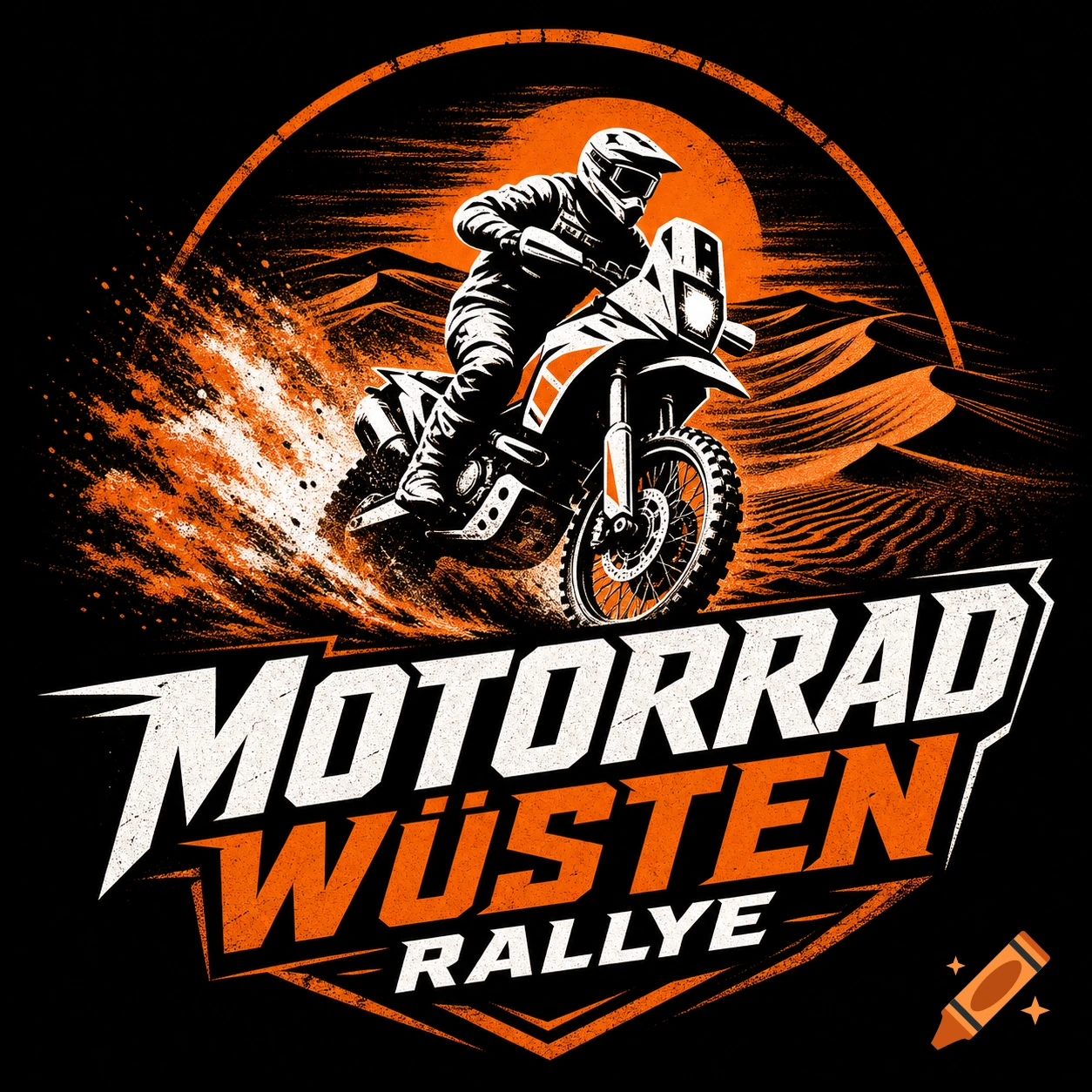 Stylized logo for a motorcycle desert rally with a rider on a dirt bike kicking up sand, in orange, white, and black.