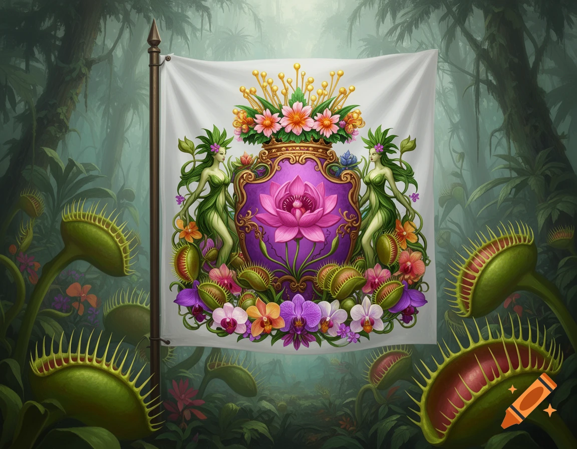 A flag with a purple and pink floral crest flanked by two plant-women, surrounded by Venus flytraps in a dense jungle. Stylized.