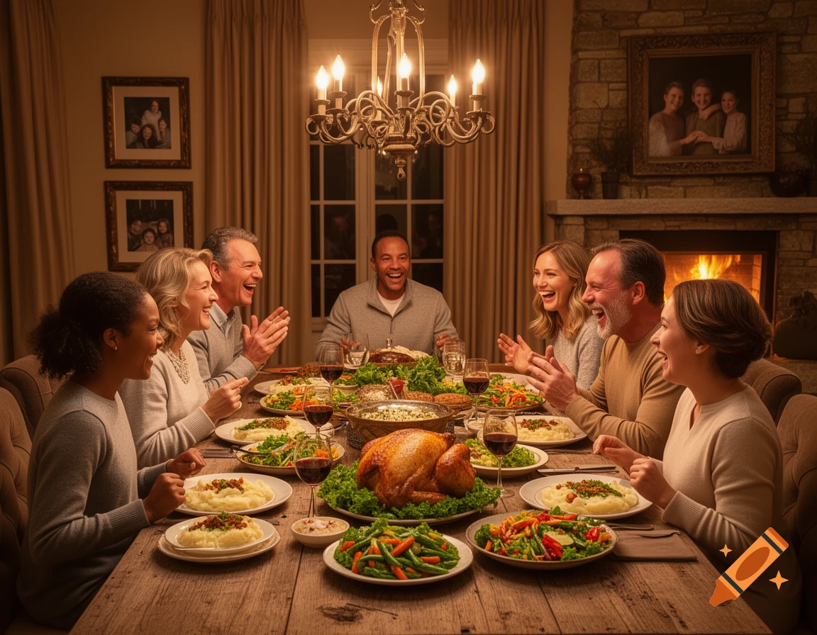A diverse family laughs joyfully around a large wooden table set with a roasted turkey, mashed potatoes, salads, and wine, bathed in warm light.