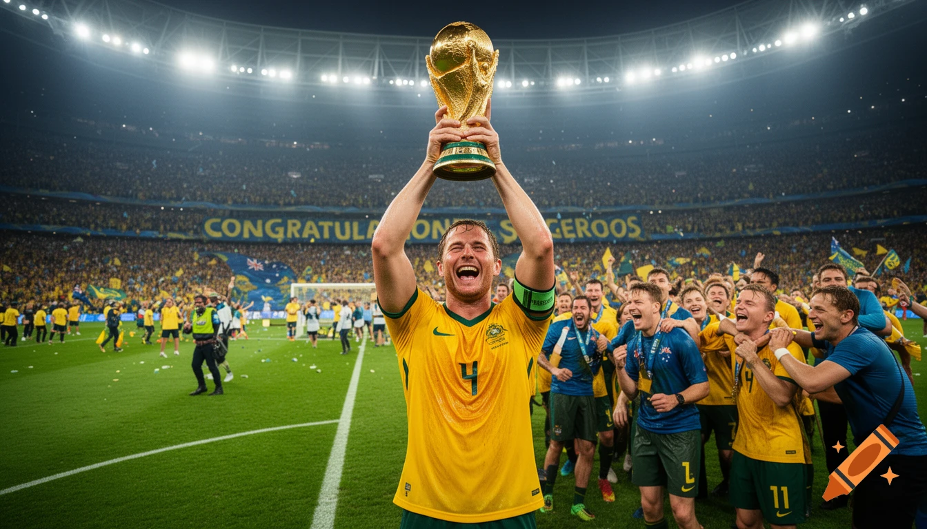 A euphoric soccer player in a yellow jersey lifts the golden World Cup trophy, celebrating with teammates in a packed stadium.