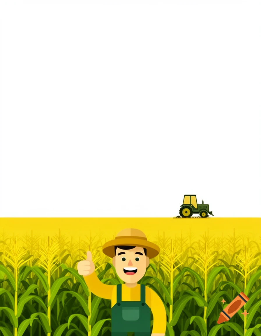 Stylized farmer gives a thumbs up in a green cornfield with a tractor in the distance, minimalist vector illustration.