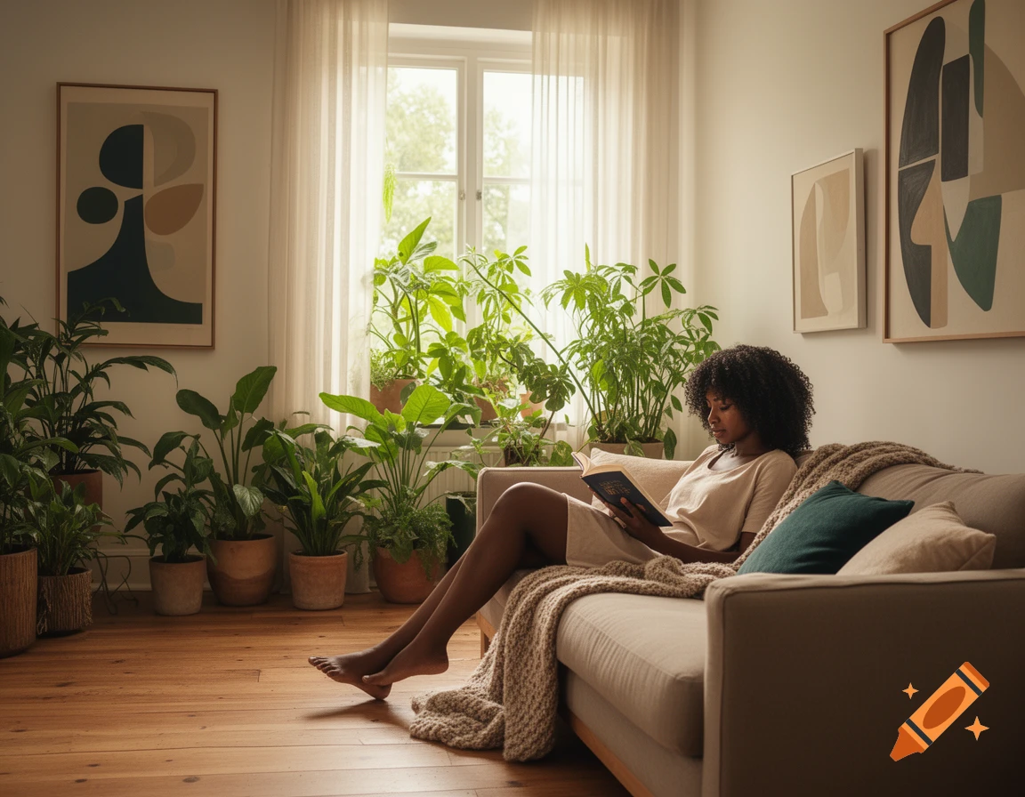 A Black woman reads a book on a sofa in a sunlit room with many plants and abstract art, photorealistic style.
