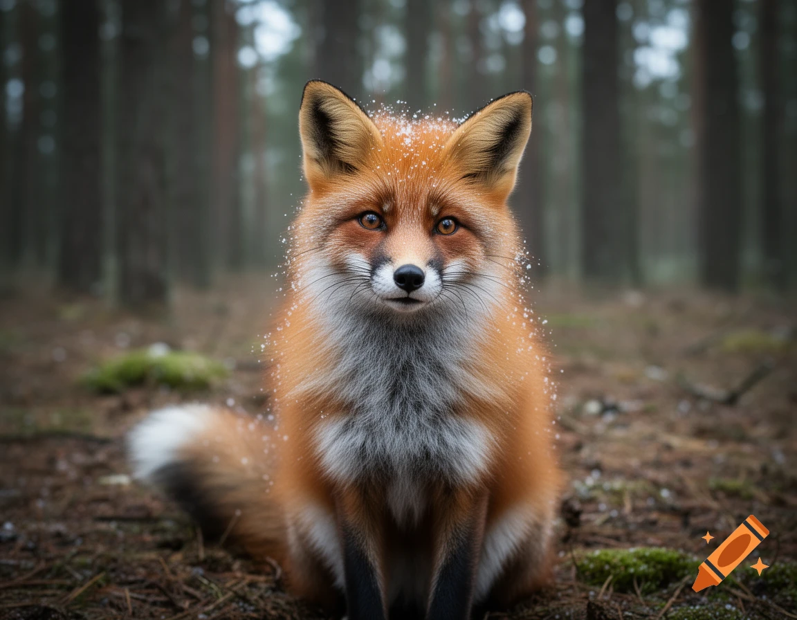 A close-up, photorealistic shot of a red fox with snow on its fur, sitting in a muted forest.