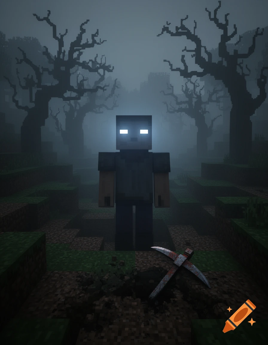 A glowing-eyed Minecraft character stands in a foggy, dark forest with a bloody pickaxe on the ground, creating a realistic horror scene.