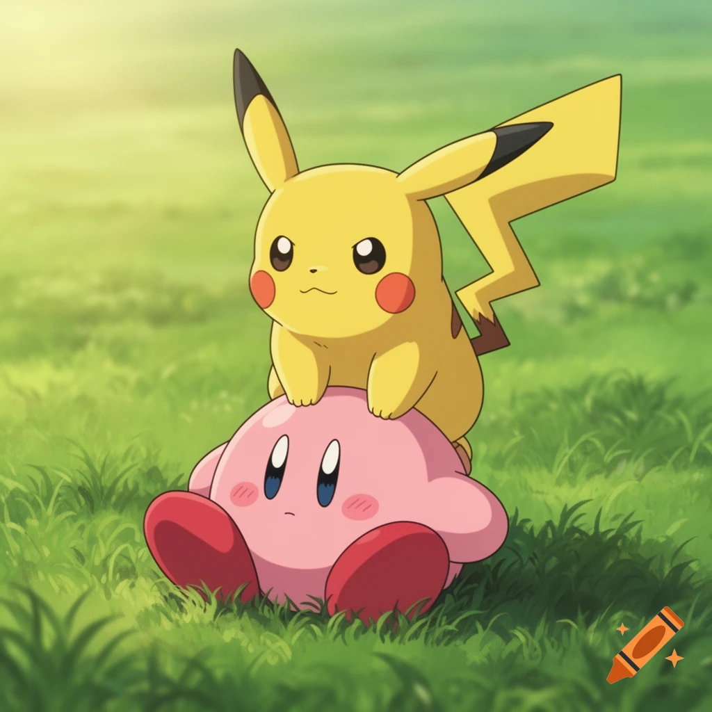 Pikachu sits atop Kirby in a bright green grassy field, depicted in an anime style.