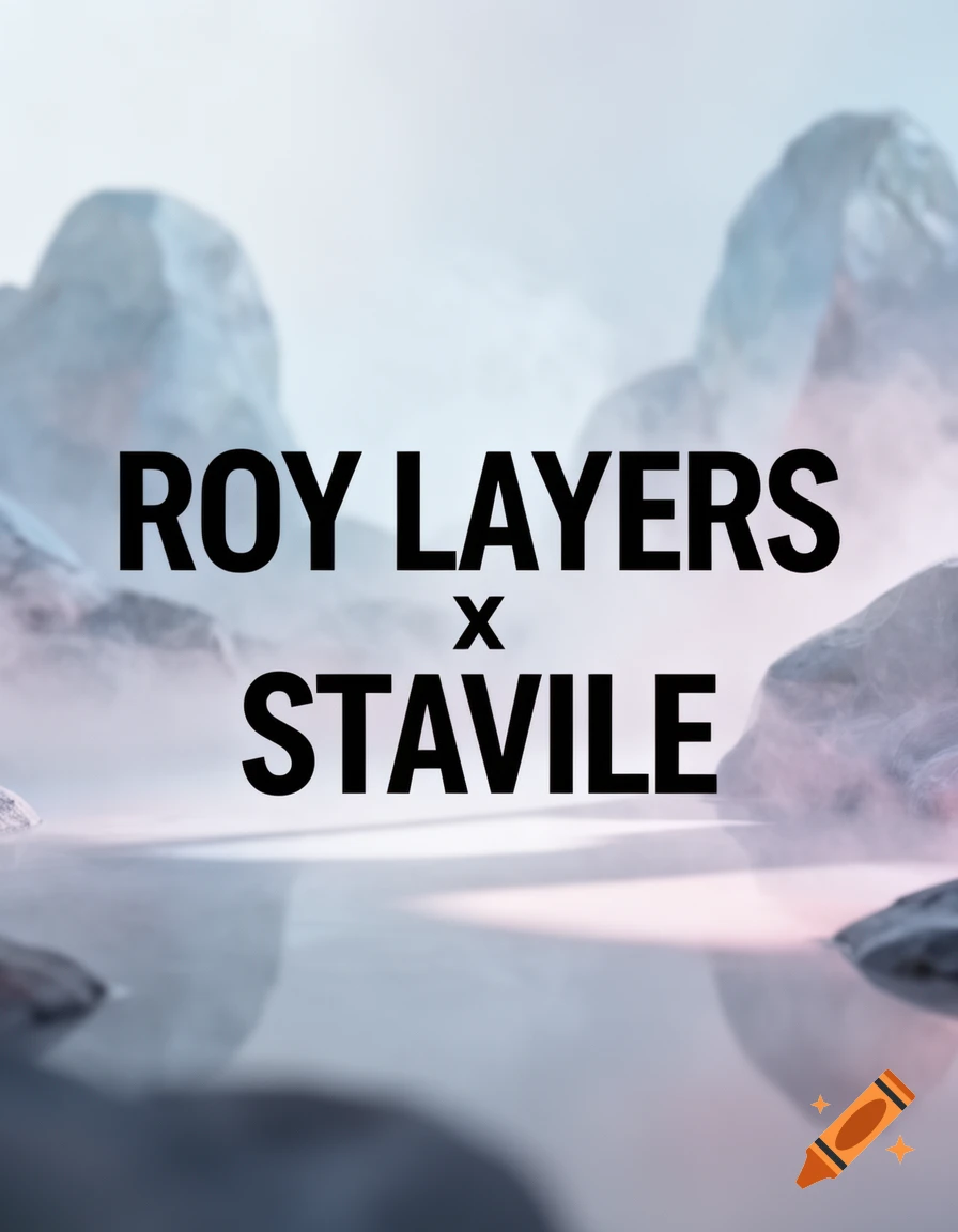 Black text 'ROY LAYERS x STAVILE' overlaying a misty, dreamy landscape with mountains and calm water.