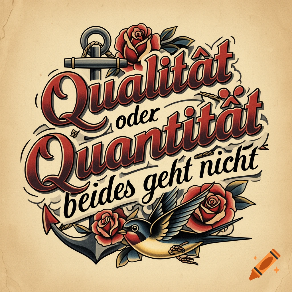Traditional tattoo style illustration with an anchor, roses, a swallow, and text 'Qualität oder Quantität beides geht nicht' on a vintage background.