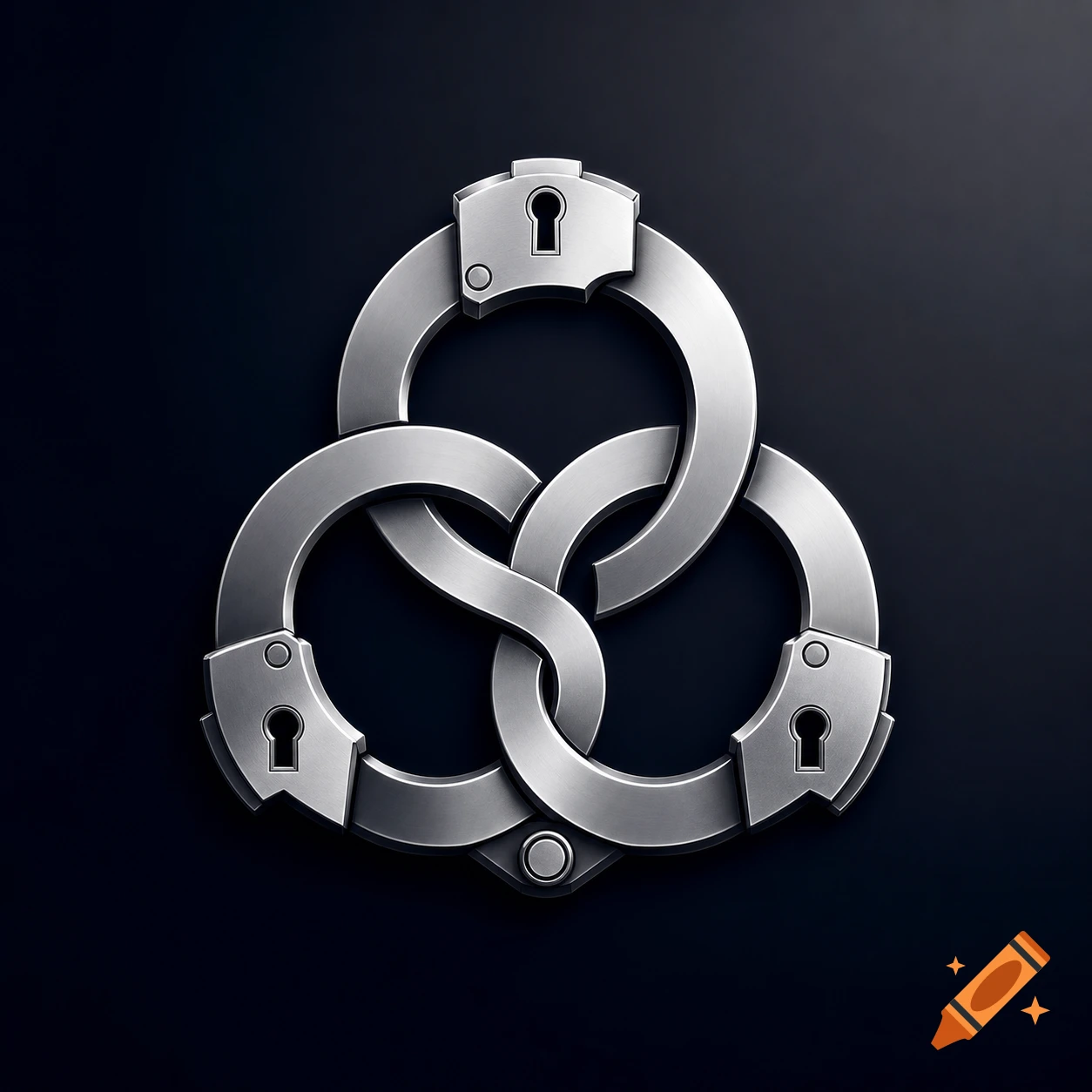 Three silver metal handcuffs intertwined in a complex knot on a dark background, forming a symbolic logo.