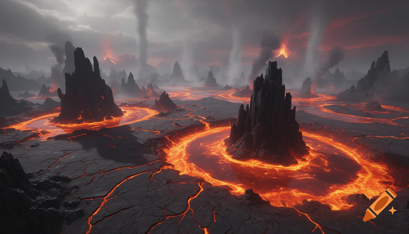 A dark, ominous volcanic landscape with rivers and lakes of glowing orange lava flowing around jagged, black rock formations under a cloudy sky.