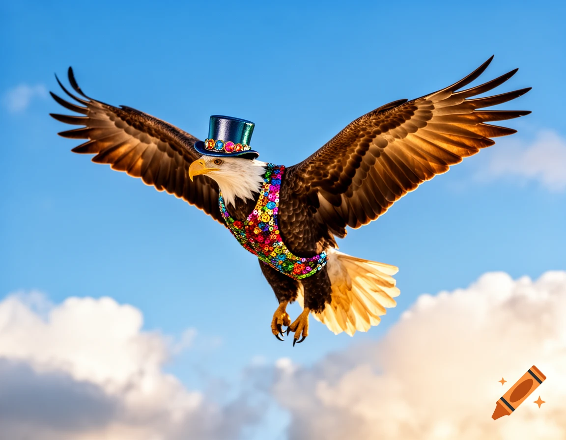 Photorealistic eagle in a sparkly top hat and sequined vest flying against a blue sky with clouds.