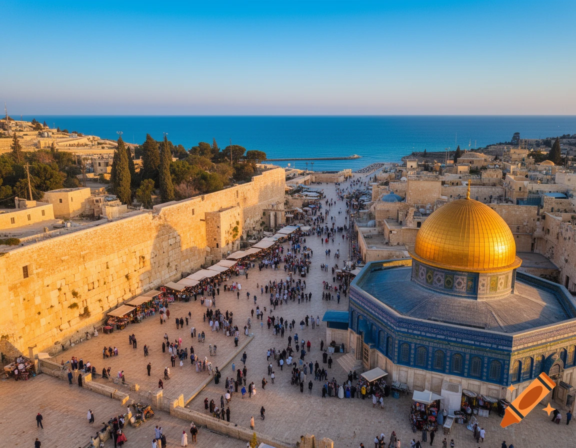 Aerial photorealistic view of the Dome of the Rock and Western Wall complex in Jerusalem's Old City, bustling with people under a clear sky.