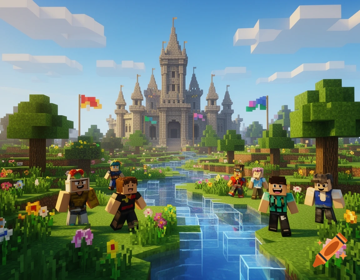 A vibrant, blocky Minecraft-Roblox style landscape featuring a majestic castle, a winding river, and a group of diverse characters.