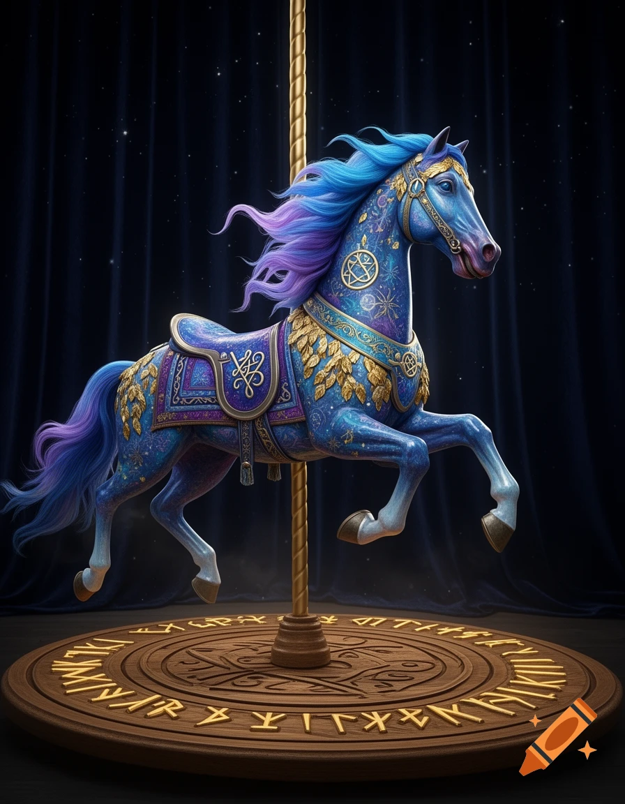 An ornate blue and purple carousel horse with gold decoration stands on a runic wooden base against a dark starry background.